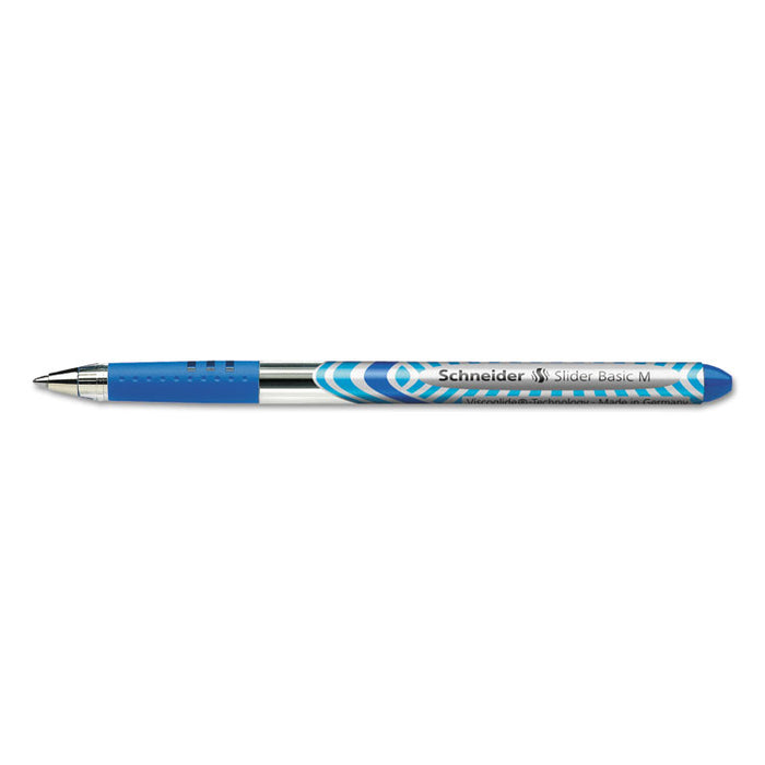 Schneider Slider Stick Ballpoint Pen, 0.8mm, Blue Ink, Blue/Silver Barrel, 10/Box