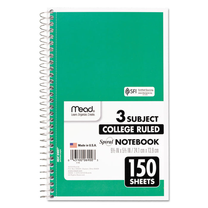Spiral Notebook, 3 Subject, Medium/College Rule, Randomly Assorted Covers, 9.5 x 5.5, 150 Sheets