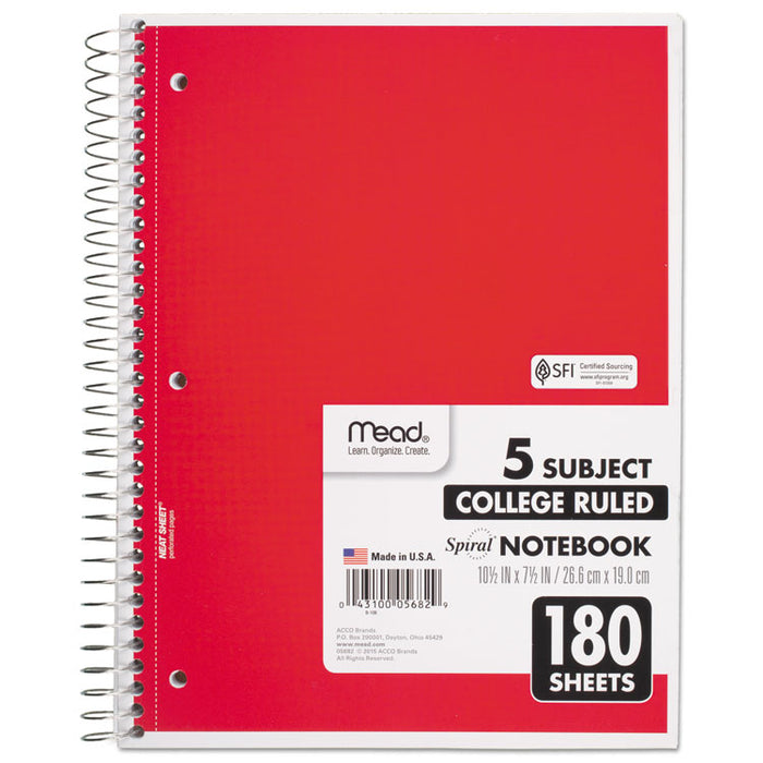 Spiral Notebook, 5 Subjects, Medium/College Rule, Assorted Color Covers, 10.5 x 8, 180 Sheets