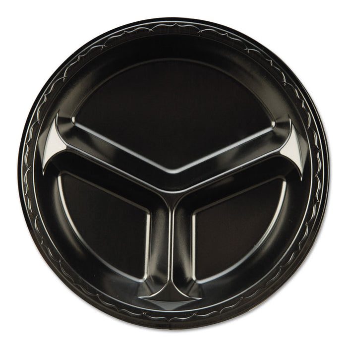 Elite Laminated Foam 3-Compartment Plate, 10 1/4" Dia, Black, 125/Pack, 4 PK/CT