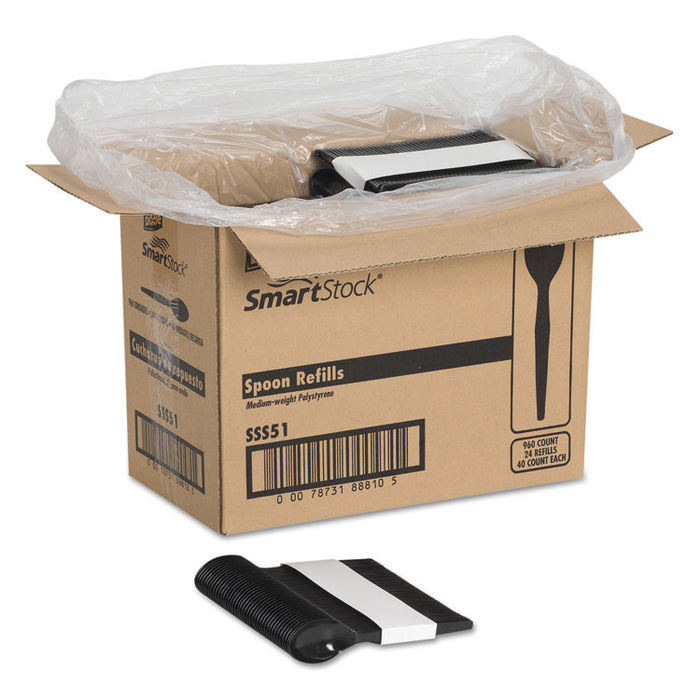 SmartStock Plastic Cutlery Refill, Spoons, 6", Series-O Mediumweight, Black, 40/Pack, 24 Packs/Carton