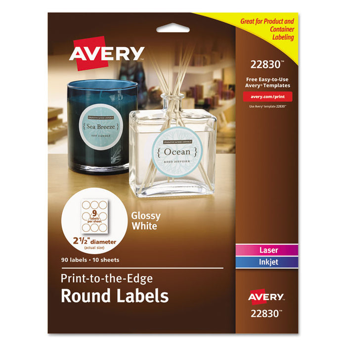 Round Print-to-the Edge Labels with SureFeed, 2.5" dia, Glossy White, 90/PK