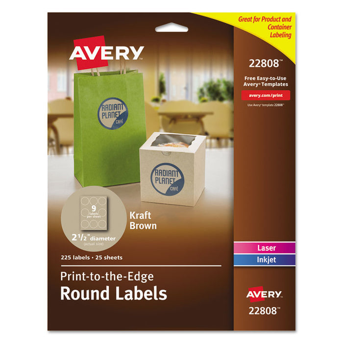 Round Brown Kraft Print-to-the-Edge Labels, 2.5" dia, 225/PK