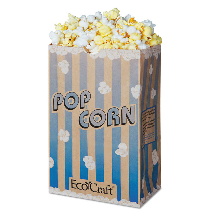 EcoCraft Grease-Resistant Popcorn Bags, 85 oz, 2-ply, 3.25" x 8.63", Blue Stripe/Natural, 500/Carton