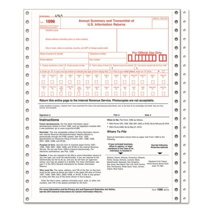 1096 Summary Transmittal Tax Forms, Two-Part Carbonless, 8 x 11, 1/Page, 10 Forms