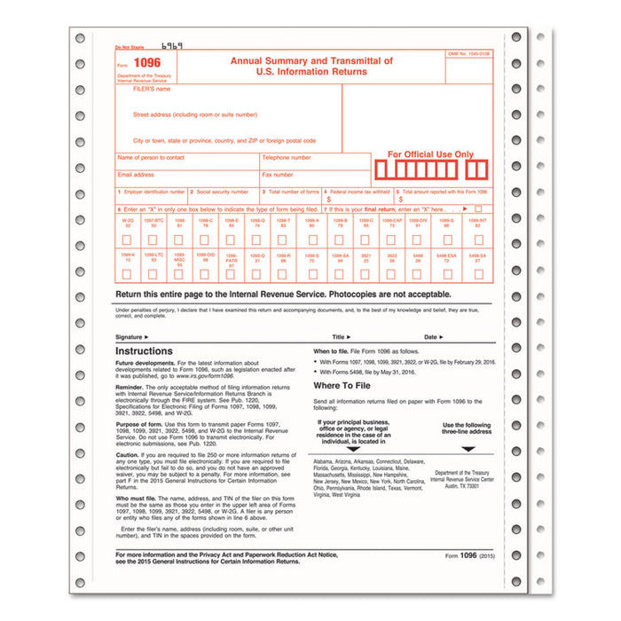1096 Summary Transmittal Tax Forms, Two-Part Carbonless, 8 x 11, 1/Page, 10 Forms
