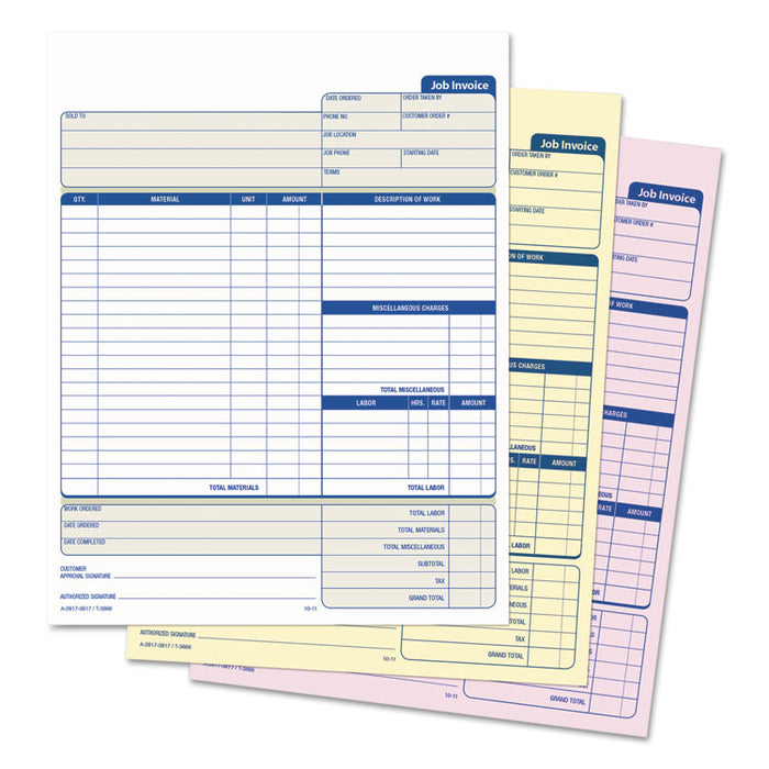 Snap-Off Job Invoice Form, Three-Part Carbonless, 8.5 x 11.63, 1/Page, 50 Forms