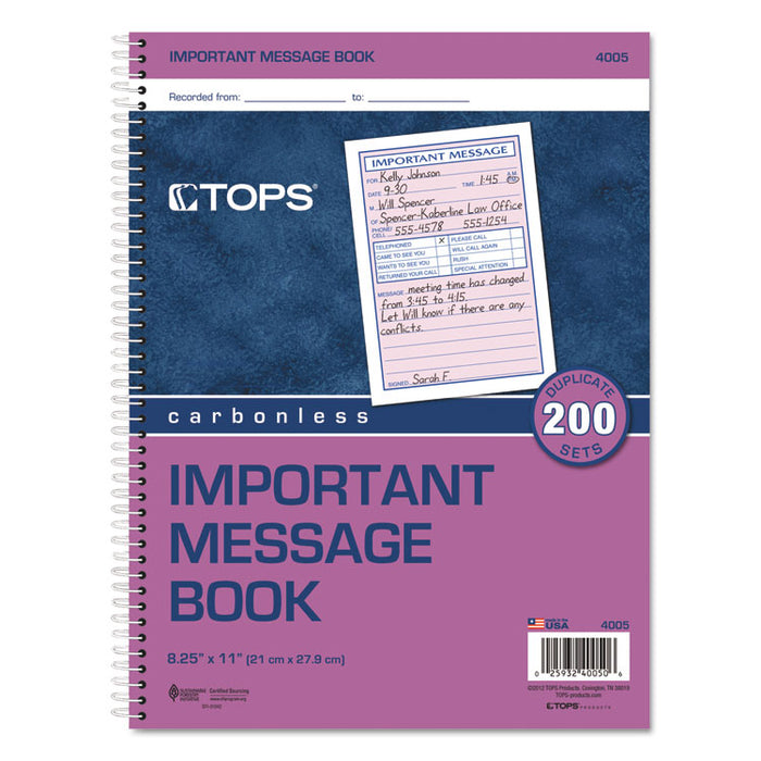 Telephone Message Book, Fax/Mobile Section, Two-Part Carbonless, 5.5 x 3.88, 4/Page, 200 Forms