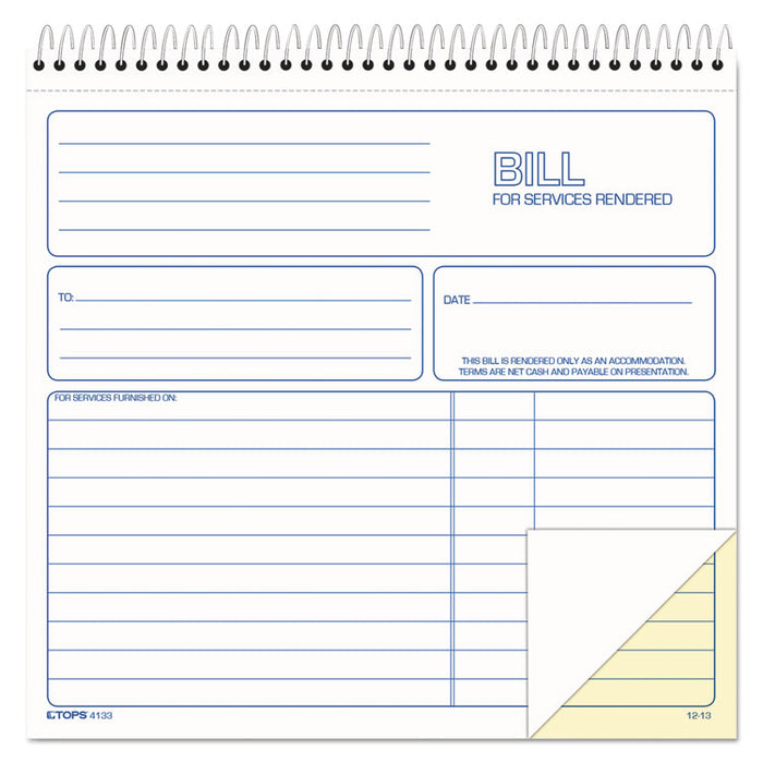 Spiralbound Service Invoices, Two-Part Carbonless, 8.5 x 7.75, 1/Page, 50 Forms
