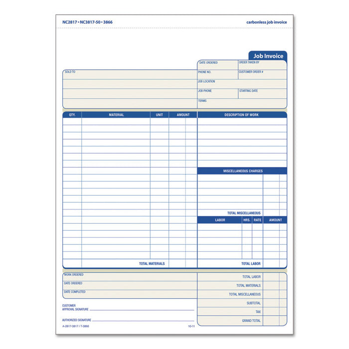 Snap-Off Job Invoice Form, Three-Part Carbonless, 8.5 x 11.63, 1/Page, 50 Forms