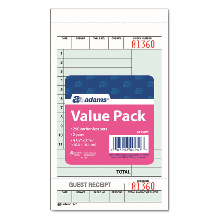 Guest Check Unit Set, Two-Part Carbonless, 6.75 x 4.25, 1/Page, 250/Pack