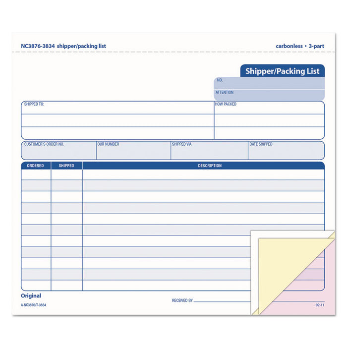 Snap-Off Shipper/Packing List, Three-Part Carbonless, 8.5 x 7, 1/Page, 50 Forms