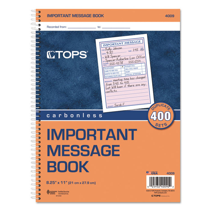 Telephone Message Book, Fax/Mobile Section, Two-Part Carbonless, 5.5 x 3.88, 4/Page, 400 Forms
