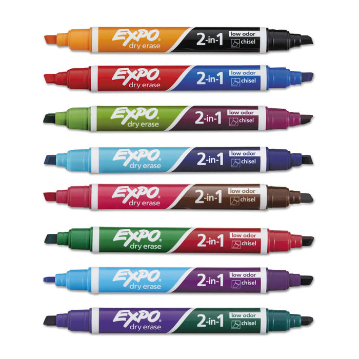 2-in-1 Dry Erase Markers, Broad/Fine Chisel Tip, Assorted Colors, 8/Pack