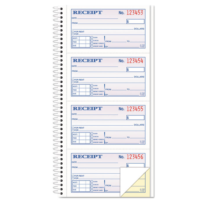 Money/Rent Receipt Spiral Book, Two-Part Carbonless, 2.75 x 4.75, 4/Page, 200 Forms