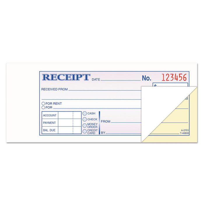 Money and Rent Receipt Books, Two-Part Carbonless, 2.75 x 7.19, 1/Page, 100 Forms