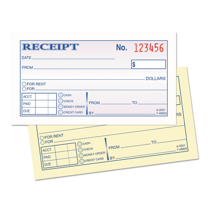 Money and Rent Receipt Books, Two-Part Carbonless, 2.75 x 4.78, 1/Page, 250 Forms