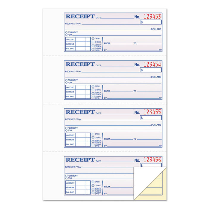 Money and Rent Receipt Books, Two-Part Carbonless, 2.75 x 7.13, 4/Page, 400 Forms