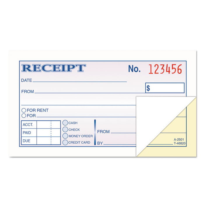 Money and Rent Receipt Books, Two-Part Carbonless, 2.75 x 4.78, 1/Page, 250 Forms