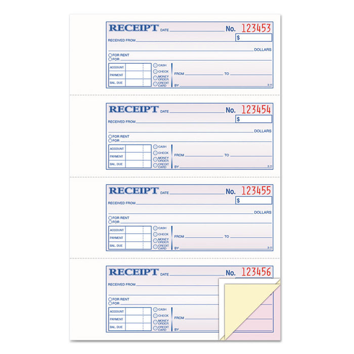 Money/Rent Receipt Books, Three-Part Carbonless, 2.75 x 7.13, 4/Page, 100 Forms