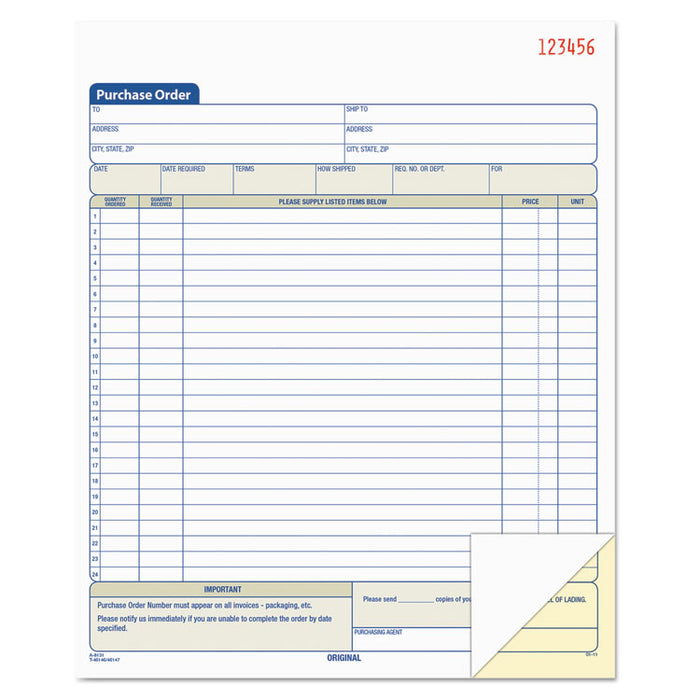 Purchase Order Book, Two-Part Carbonless,  8.38 x 10.19, 1/Page, 50 Forms
