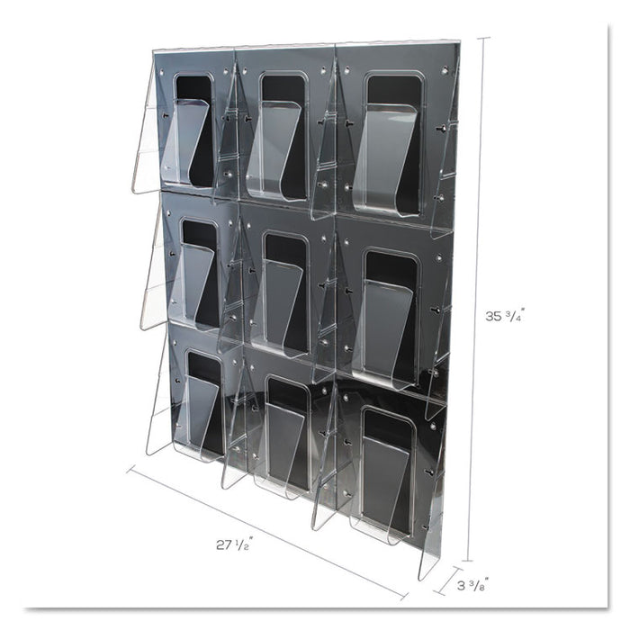 Stand-Tall 9-Bin Wall-Mount Literature Rack, Mag, 27.5w x 3.38d x 35.63h, Clear/Black