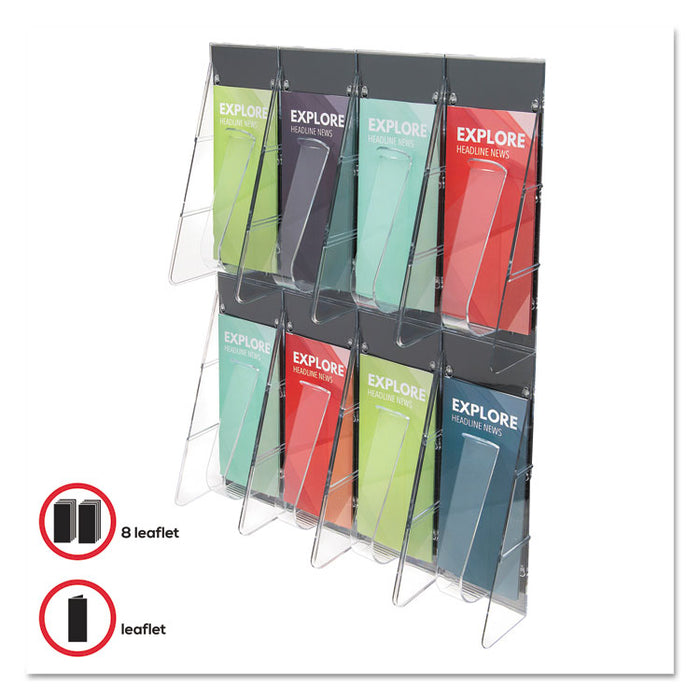 Stand-Tall 8-Bin Wall-Mount Literature Rack, Leaflet, 18.25w x 3.38d x 23.75h, Clear/Black