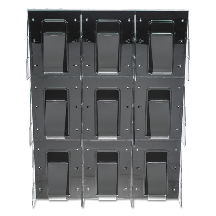 Stand-Tall 9-Bin Wall-Mount Literature Rack, Mag, 27.5w x 3.38d x 35.63h, Clear/Black