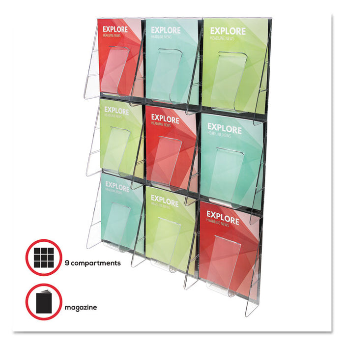Stand-Tall 9-Bin Wall-Mount Literature Rack, Mag, 27.5w x 3.38d x 35.63h, Clear/Black