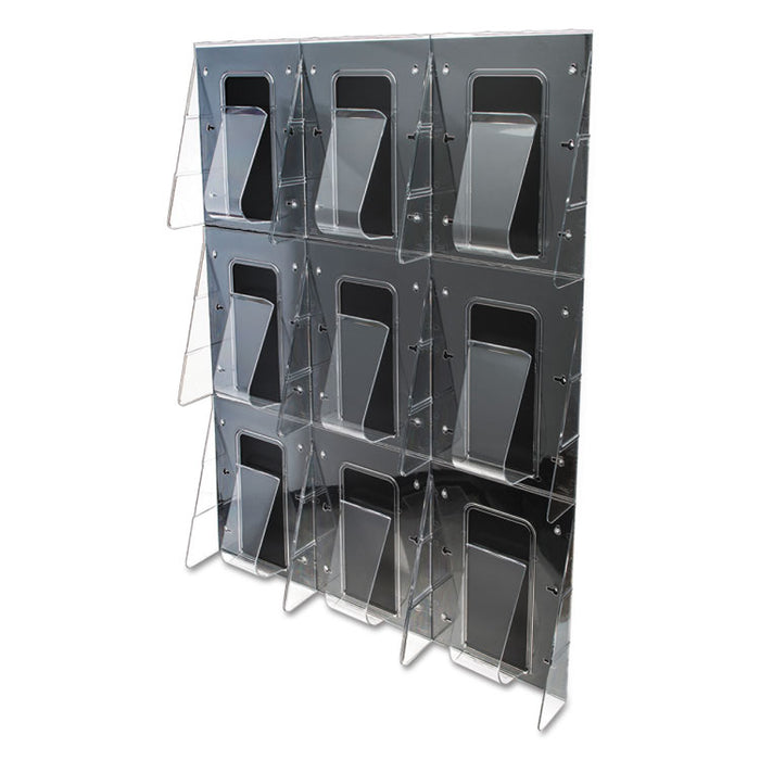 Stand-Tall 9-Bin Wall-Mount Literature Rack, Mag, 27.5w x 3.38d x 35.63h, Clear/Black