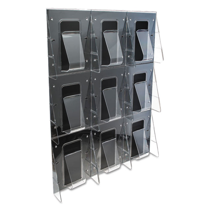Stand-Tall 9-Bin Wall-Mount Literature Rack, Mag, 27.5w x 3.38d x 35.63h, Clear/Black