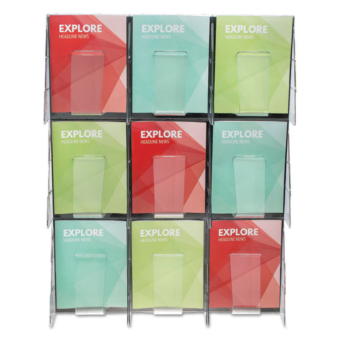 Stand-Tall 9-Bin Wall-Mount Literature Rack, Mag, 27.5w x 3.38d x 35.63h, Clear/Black