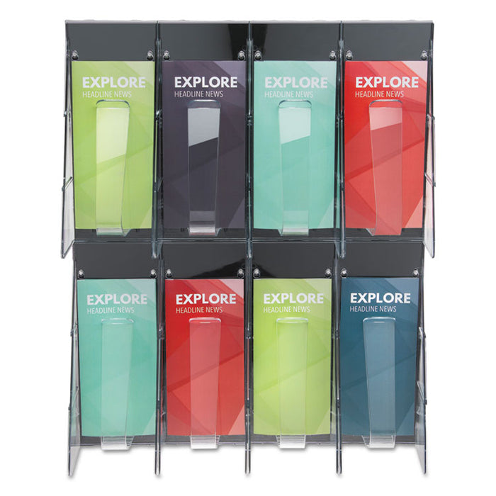 Stand-Tall 8-Bin Wall-Mount Literature Rack, Leaflet, 18.25w x 3.38d x 23.75h, Clear/Black