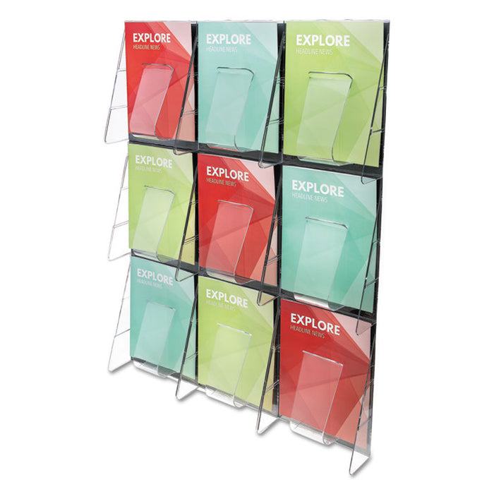 Stand-Tall 9-Bin Wall-Mount Literature Rack, Mag, 27.5w x 3.38d x 35.63h, Clear/Black