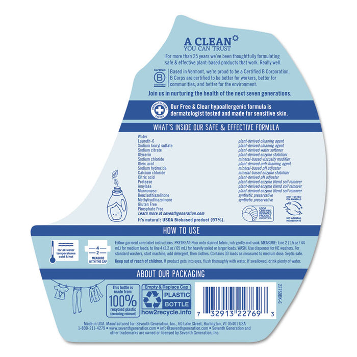 Natural 2X Concentrate Liquid Laundry Detergent, Free/Clear, 33 loads, 50oz,6/CT