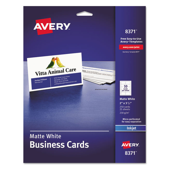 Printable Microperforated Business Cards w/Sure Feed Technology, Inkjet, 2 x 3.5, White,  250 Cards, 10/Sheet, 25 Sheets/Pack