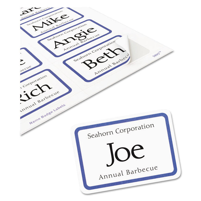 Flexible Adhesive Name Badge Labels, 3.38 x 2.33, White/Blue Border, 400/Box