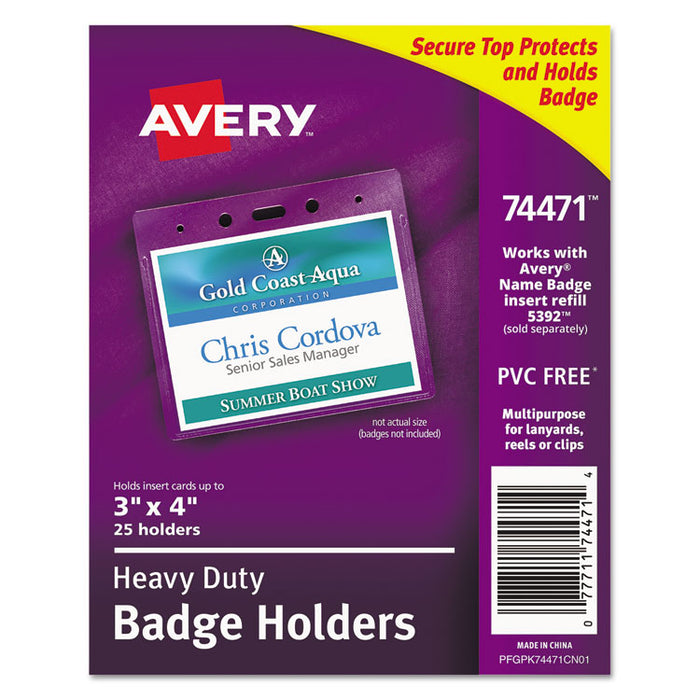 Secure Top Heavy-Duty Badge Holders, Horizontal, 4w x 3h, Clear, 25/Pack