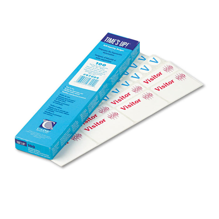 Times Up! Self-Expiring Visitor Badges, One-Day Badge, 3 x 2, White, 100/Box