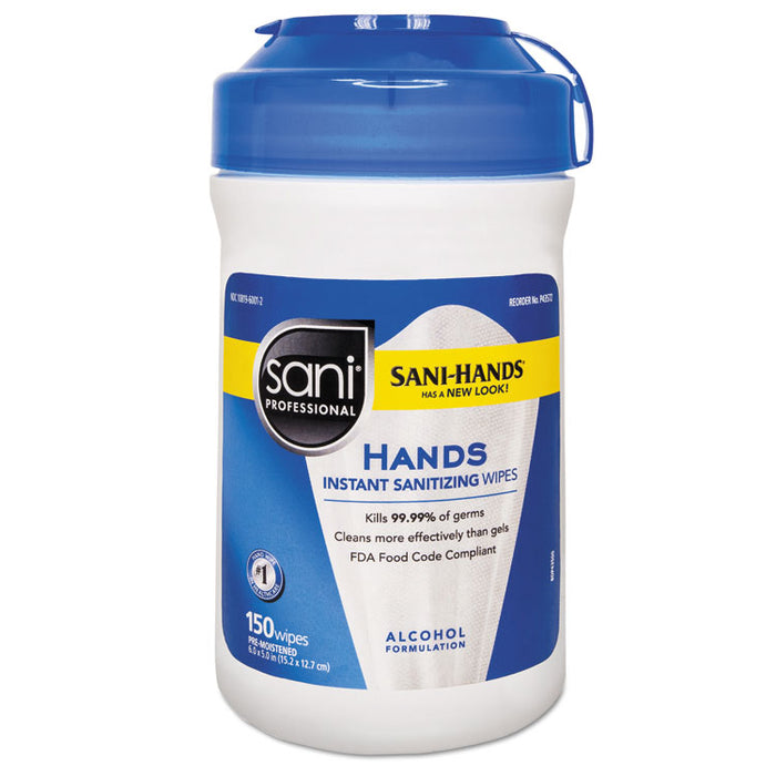 Hands Instant Sanitizing Wipes, 6 x 5, White, 150/Canister, 12/Carton