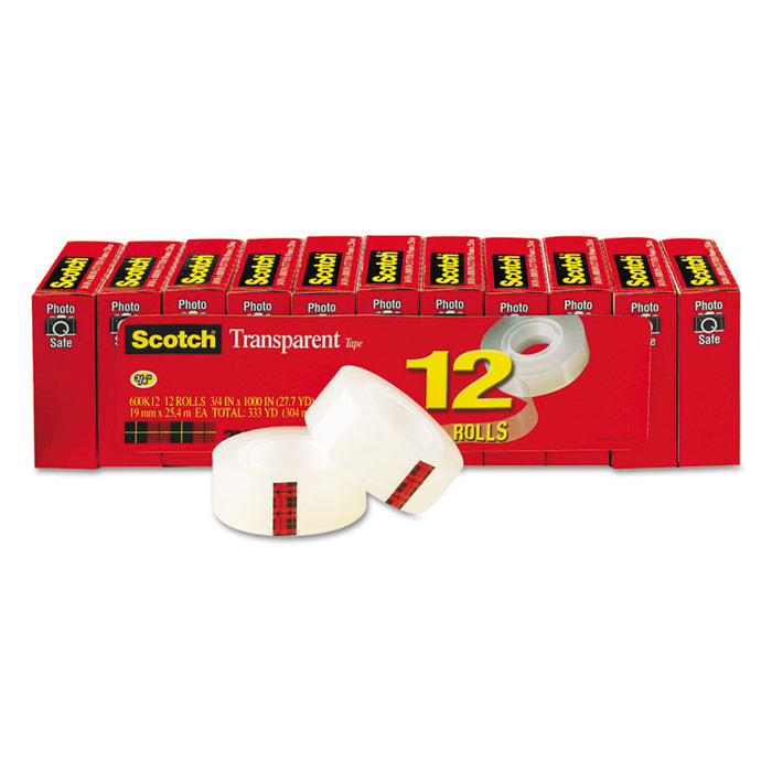 Transparent Tape, 1" Core, 0.75" x 83.33 ft, Transparent, 12/Pack