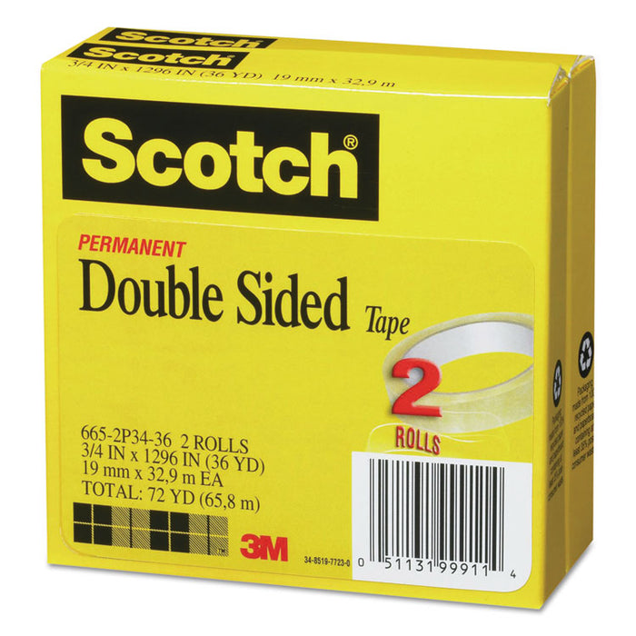 Double-Sided Tape, 3" Core, 0.75" x 36 yds, Clear, 2/Pack