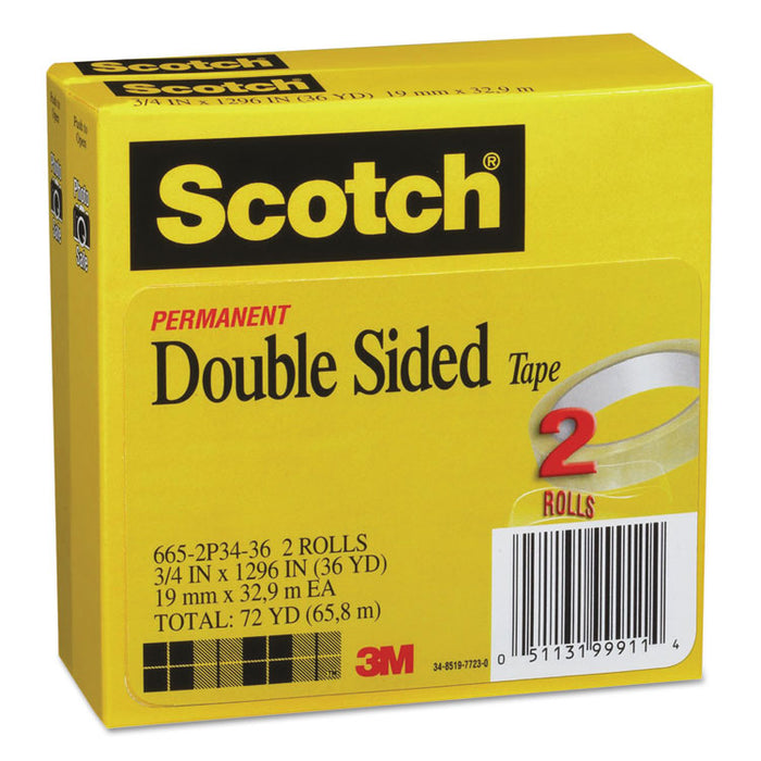 Double-Sided Tape, 3" Core, 0.75" x 36 yds, Clear, 2/Pack