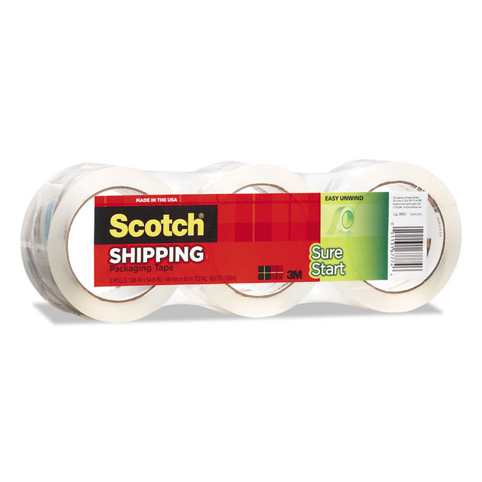 Sure Start Packaging Tape, 3" Core, 1.88" x 54.6 yds, Clear, 3/Pack