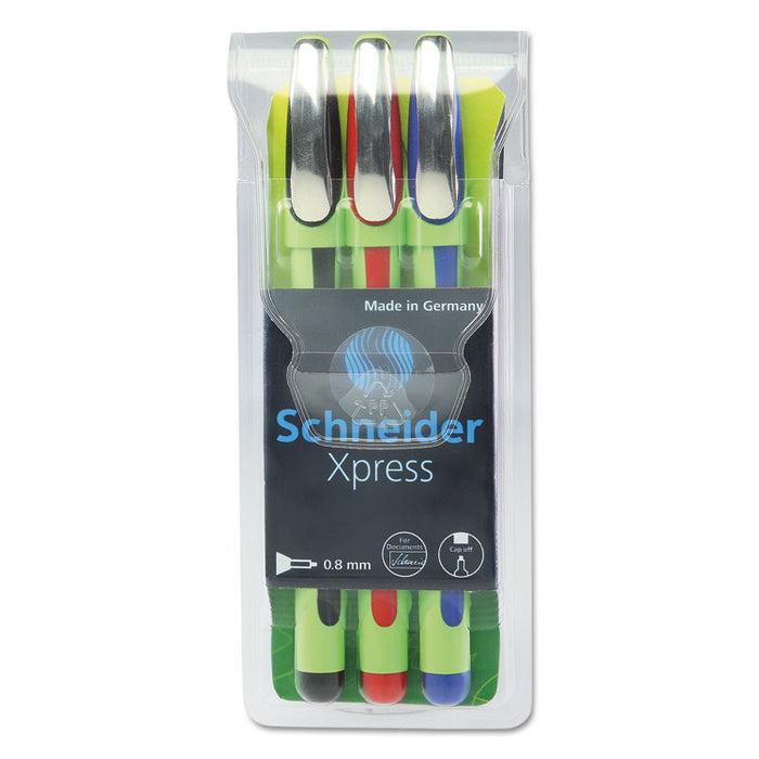 Schneider Xpress Fineliner Stick Pen, 0.8mm, Assorted Ink, Green Barrel, 3/Pack