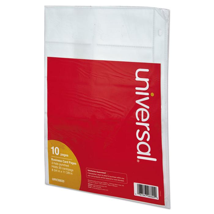 Business Card Binder Pages, 20 Cards/Letter Page, Clear, 10 Pages/Pack