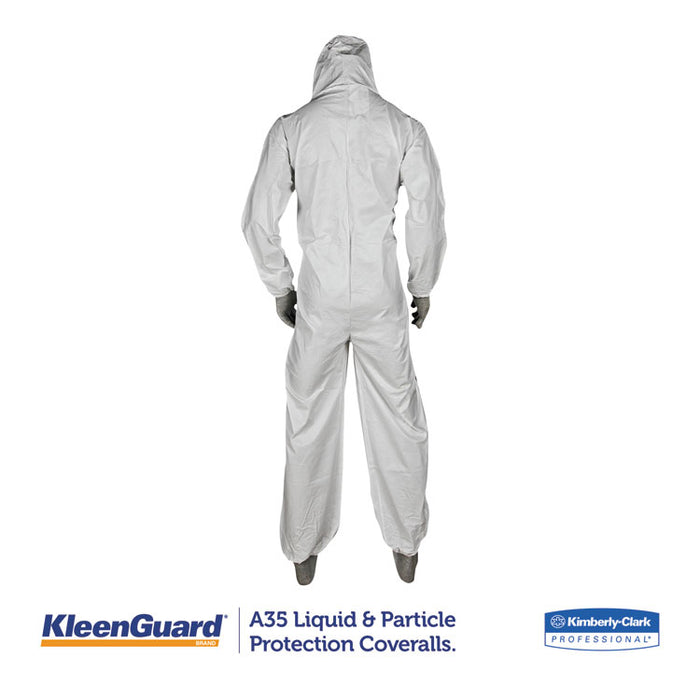 A35 Liquid and Particle Protection Coveralls, Zipper Front, Hooded, Elastic Wrists and Ankles, Large, White, 25/Carton