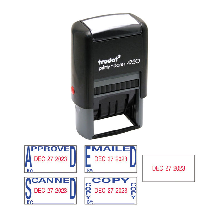 Printy Economy 5-in-1 Date Stamp, Self-Inking, 1" x 1.63", Blue/Red