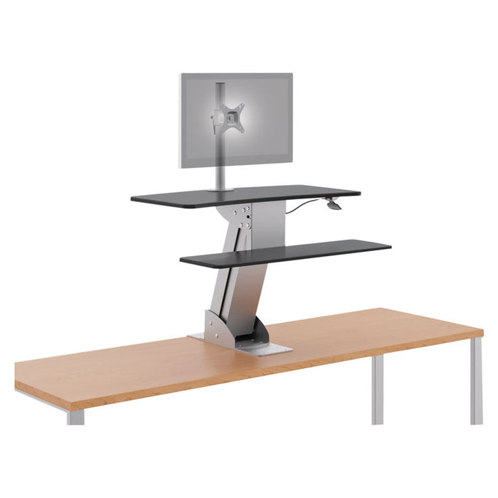 Directional Desktop Sit-to-Stand Riser with Single Monitor Arm, Silver/Black