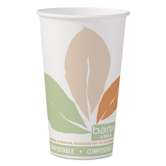 Bare by Solo Eco-Forward PLA Paper Hot Cups, 16 oz, Leaf Design, White/Green/Orange, 50/Pack